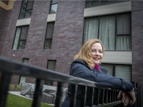 Laurie Murphy, president of Gestion Griffin, a company that manages common areas of condo towers, outside a Griffintown complex in Montreal on Friday, May 15, 2020.