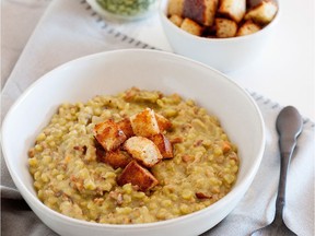 Made with dried split peas, Pease Pudding is topped with garlic croutons.