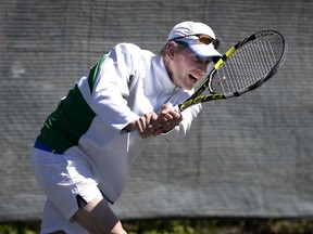 Tim Sergeant hits shot at Valois Tennis Club in Montreal on May 20, 2020. It was the first day tennis courts in Quebec were allowed to open as a result of COVID-19 pandemic.