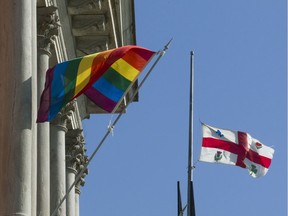 A rainbow flag flies from Montreal city hall on June 13, 2016.
