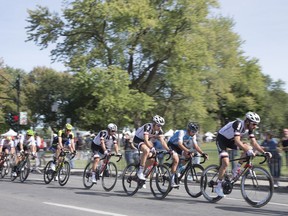 Team Sunweb, including Michael Matthews, fourth from right, cycle in the Grand Prix Cyclistes de Montreal race in Montreal on Sept. 9, 2018.
