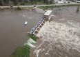 An aerial view of flooding as water overruns Sanford Dam, Michigan, U.S. in this May 19, 2020 still frame obtained from social media video.