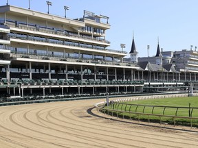 A view of the twin spires and empty grandstand from the first turn at Churchill Downs on May 2, 2020 in Louisville, Kentucky.