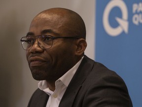 Parti Québécois president Dieudonné Ella Oyono speaks at a PQ press event to announce a new leadership race at St-Pierre Center in Montreal on Saturday February 1, 2020.