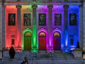 The Montreal Museum of Fine Arts is aglow in rainbow colours in on Thursday April 16, 2020 in support of the #cavabienaller movement.