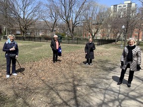 Ida Skolnik (left), Helen Greenfeld, Bernice Brownstein and Shirley Goldfarb, nearly all of them in their 90s, had a socially distanced lunch in a park at Wood Ave. and Sherbrooke St. in Westmount April 29, 2020.