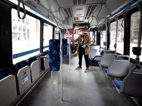 Montreal Gazette reporter Jason Magder is one of only two passengers on the 15 bus in Montreal, at 4 p.m. on Monday, May 4, 2020.