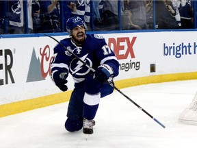 The Tampa Bay Lightning’s Alex Killorn, who grew up in Montreal, celebrates after scoring goal against the Chicago Blackhawks in Game 1 of the 2015 Stanley Cup final at Amalie Arena in Tampa.