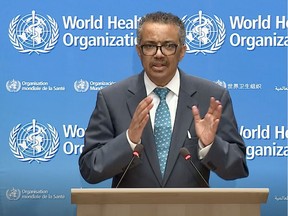 This video grab taken on May 18, 2020 from the website of the World Health Organization shows WHO Director-General Tedros Adhanom Ghebreyesus delivering a speech via video link at the opening of the World Health Assembly virtual meeting from the WHO headquarters in Geneva