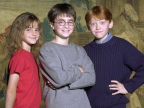 Daniel Radcliffe, centre, with Ron Weasley and Hermione Granger starred in the Harry Potter film series.