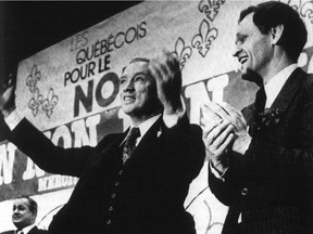 Introduced by then-justice minister Jean Chrétien, right, Pierre Elliott Trudeau galvanized supporters at Montreal's Paul Sauvé Arena on May 14, 1980, when he celebrated a sense of being both Québécois and Canadian.