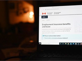 The Employment Insurance section of the government of Canada website is shown on a laptop in Toronto on April 4, 2020. It was a sunny March 18 when Prime Minister Justin Trudeau presented the government's first big attempt at containing the economic fallout from COVID-19 in the form of an $82-billion rescue package.