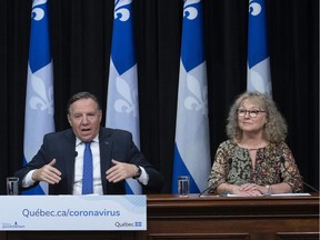 Quebec Premier Francois Legault with Marguerite Blais, Quebec minister responsible for seniors and informal caregivers during a news conference on the COVID-19 pandemic May 5, 2020.