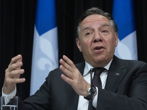 Premier François Legault speaks during a news conference on the COVID-19 pandemic, Thursday, May 28, 2020 at the legislature in Quebec City.
