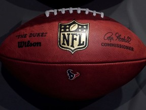 The NFL logo is pictured on a football at an event in New York City in 2017.