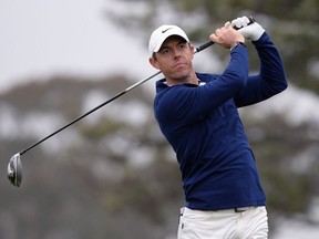 Rory McIlroy plays his shot from the fifth tee during the final round of the Farmers Insurance Open golf tournament at Torrey Pines Municipal Golf Course.