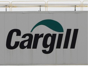 A sign at the Cargill meat-packing plant where there was an outbreak of coronavirus disease (COVID-19) in High River, Alta. The company has temporarily shut down its plant in Chambly after 64 workers were infected.