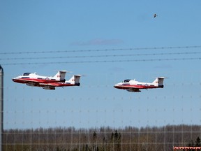 The Canadian Forces Snowbirds take off from the Fort McMurray International Airport on Friday May 15, 2020. Vincent McDermott/Fort McMurray Today/Postmedia Network