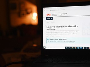 The employment insurance section of the Government of Canada website is shown on a laptop in Toronto on April 4, 2020. It was a sunny March 18 when Prime Minister Justin Trudeau presented the government's first big attempt at containing the economic fallout from COVID-19 in the form of an $82-billion rescue package.