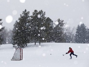 Andre Lessard plays hockey as heavy snow falls in Edmonton's Hawrelak Park on Feb. 9, 2020.