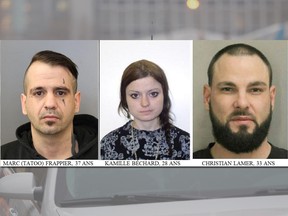 Marc Frappier, 37, and also known as Marc Tattoo, Kamille Béchard, 28, and Christian Lamer, 33, were charged on Thursday and will remain in custody pending their next court appearance.
