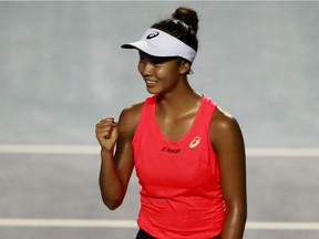 Laval's Leylah Annie Fernandez celebrates after winning semifinal match against Mexico's Renata Zarazua at Acapulco, Mexico, on Feb. 28, 2020