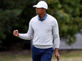 In this file photo taken on Dec. 13, 2019, U.S. captain Tiger Woods celebrates a putt during the Presidents Cup in Melbourne, Australia.