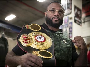 World Boxing Association light-heavyweight Jean Pascal with his title belt in Montreal on Jan. 8, 2020. Pascal defended his title on Dec. 29 and won on a split-decision victory over Badou Jack.