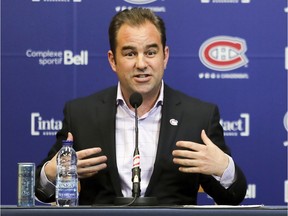 Montreal Canadiens owner and team president and CEO Geoff Molson meets the media to discuss team's season at the Bell Sports Complex in Brossard on April 9, 2018.