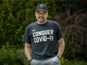 "It's a responsibility of sports teams and athletes to do all they can to give back to the community,” says Impact president Kevin Gilmore, shown here outside his home in Westmount wearing a Conquer COVID-19 T-shirt.