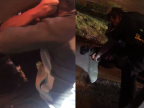A Montreal man is shown being dragged out of a car by Laval police on May 25, 2020, arrested for obstruction after repeatedly asking why he was being told to get out of the vehicle.