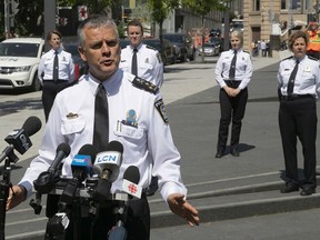 Montreal police chief Sylvain Caron flanked by his upper echelon staff, during press conference outside police headquarters June 5, 2020.