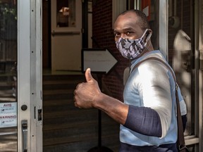 Montrealers like Phillip Bemaine have signed up for orderly training. Bemaine gives a thumbs up on the first day of training at the Shadd Business and Health Centre in Montreal June 15, 2020.