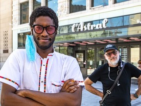 Clerel (left) and Laurent Saulnier, Montreal International Jazz Festival VP programming, outside the Astral Building in Montreal, where online performances were recorded.