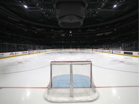 WASHINGTON, DC - MARCH 12: A goal sits on the empty ice prior to the Detroit Red Wings playing against the Washington Capitals at Capital One Arena on March 12, 2020 in Washington, DC. Yesterday, the NBA suspended their season until further notice after a Utah Jazz player tested positive for the coronavirus (COVID-19). The NHL said per a release, that the uncertainty regarding next steps regarding the coronavirus, Clubs were advised not to conduct morning skates, practices or team meetings today. (Photo by Patrick Smith/Getty Images) ORG XMIT: 775376586