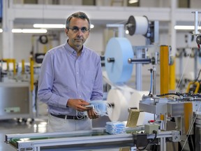 Guillaume Laverdure, Medicom president for North America, with test masks at the PPE supplier's new factory in St-Laurent on June 5, 2020. Many Quebec companies pivoted to making personal protective equipment virtually overnight to help the province overcome a shortage of medical supplies.