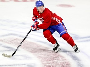 Max Domi skate across centre ice during during a Canadiens practice at the Bell Sports Complex in Brossard on Sept. 19, 2018.