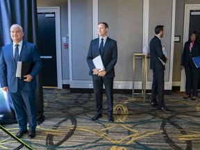 CP-Web. Conservative Party of Canada leadership candidates Erin O'Toole, left to right, Peter MacKay, Derek Sloan and Leslyn Lewis wait for the start of the French Leadership Debate in Toronto on Wednesday, June 17, 2020.