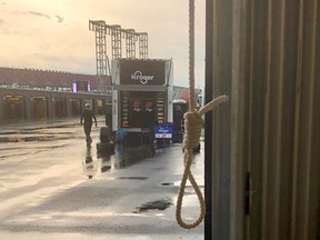 A noose found in the No. 43 garage stall, assigned to driver Bubba Wallace, at Talladega Superspeedway in Talladega, Alabama, June 21, 2020 is seen in a photograph released by NASCAR on June 25, 2020.