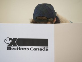 A voter marks a ballot behind a privacy barrier in the riding of Vaudreuil-Soulanges, west of Montreal, on election day, Monday, Oct. 19, 2015. Online advertising is coming close to rivalling television when it comes to how Canada's main political parties got their message out to Canadians last fall. The first election expense reports are now public on the Elections Canada website and show the Conservatives outspent the Liberals in their campaign effort with the financially-troubled NDP well behind.THE CANADIAN PRESS IMAGES/Graham Hughes