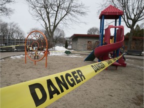 A playground at Beaubien Park is surrounded by police tape after all playgrounds in the city were closed because of COVID-19 on Monday March 23, 2020. Playgrounds are open now, but "since March, university campuses throughout Quebec have been closed to the young and not-so-young people for whom activity in that space is as central as play," Shauna Van Praagh writes.