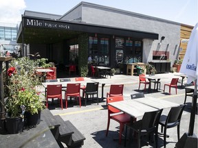 The terrasse at the Mile Public House bar in Brossard’s Quartier Dix30. Several people who spent an evening there later tested positive for COVID-19.