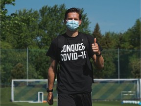 Montreal Impact's Jukka Raitala, sports a Conquer COVID-19 T-shirt, after practice on May 28, 2020.