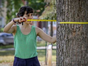 "Trees provide an incredible number of benefits to the community,” says Concordia University biology professor Carly Ziter, shown here measuring a tree in N.D.G.’s Girouard Park. "They reduce temperatures and air pollution, prevent flooding and improve mental health."
