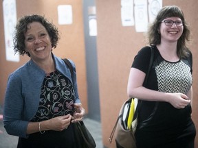 C.D.N.—N.D.G. borough Mayor Sue Montgomery, left, and her chief of staff, Annalisa Harris, are all smiles as they leave the courtroom on July 9, 2020.