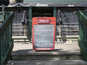 Sign outside Annies sur le lac resto/pub on Friday July 10, 2020. It closed because of a COVID outbreak in the last week.