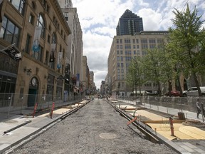 Roadwork on Ste-Catherine St. near Phillips Square in the summer of 2020.