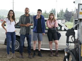 Things don't go well for comic-book creator Todd (Jesse Williams, second from left), his girlfriend Kathy (Jordana Brewster, left), publisher Ezra (Jay Baruchel) and assistant Aurora (Niamh Wilson) when they head to the area where a killing spree occurred 20 years earlier in Random Acts of Violence.