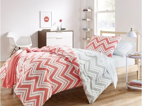 Functional and sturdy furnishings accompanied by on-trend accessories is the way to outfit a student's room. Cait six-piece reversible comforter set, $80, bedbathandbeyond.ca