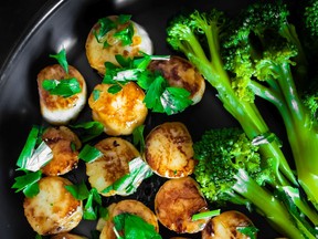 Valerie Azinge pairs garlic butter scallops with broccolini in 30-Minute Low-Carb Dinners.